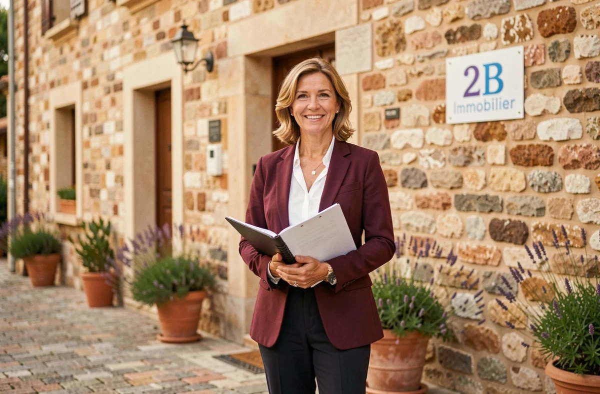 Spécialiste immobilière de 2B Immobilier devant un immeuble en pierre typique du Gard tenant un dossier de propriété