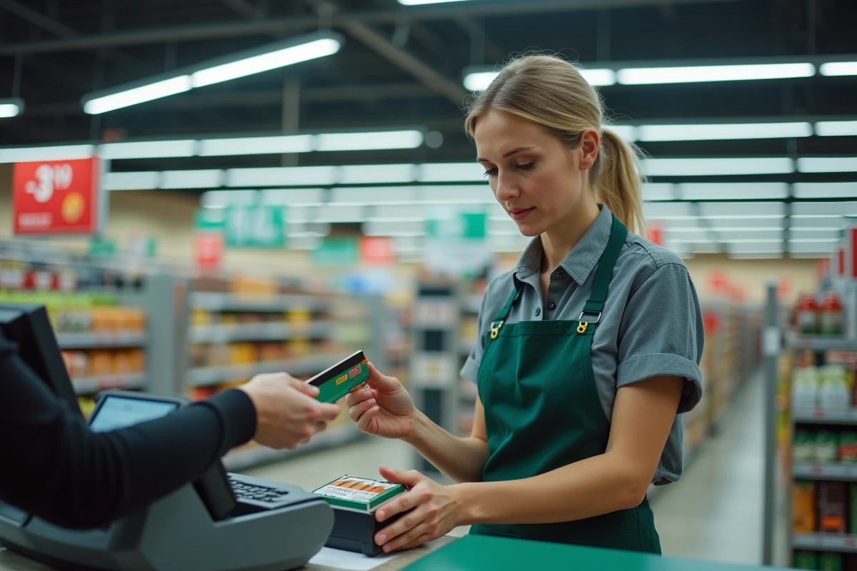 Caissière scannant un carton de cigarettes en supermarché belge avec paiement par carte bancaire