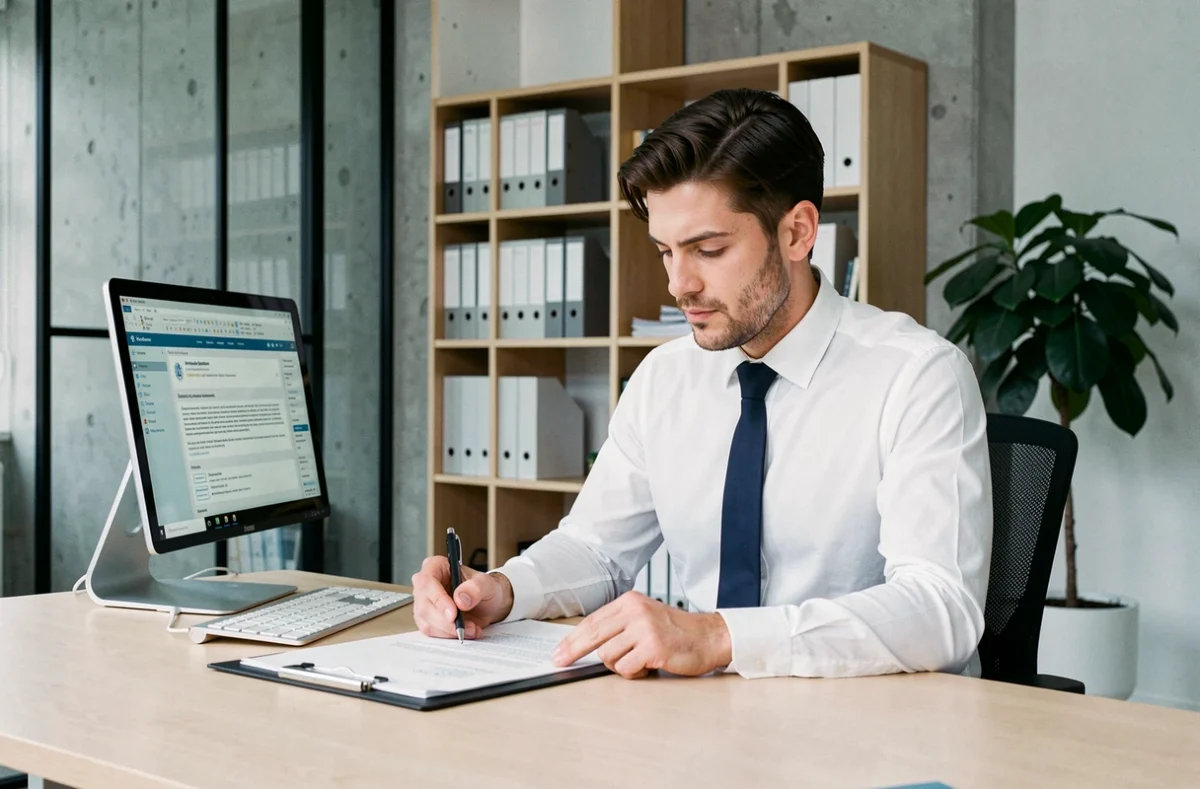 Notaire masculin concentré sur un acte juridique dans un bureau contemporain parisien minimaliste avec mobilier en chêne clair