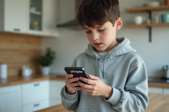 Adolescent tenant une carte bancaire prépayée Pixpay et consultant son budget sur smartphone dans une cuisine moderne