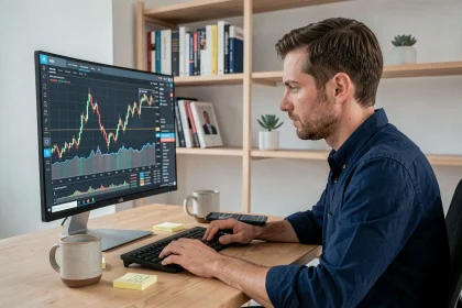 Homme analysant des graphiques de cryptomonnaies eToro sur un écran d'ordinateur dans un bureau minimaliste