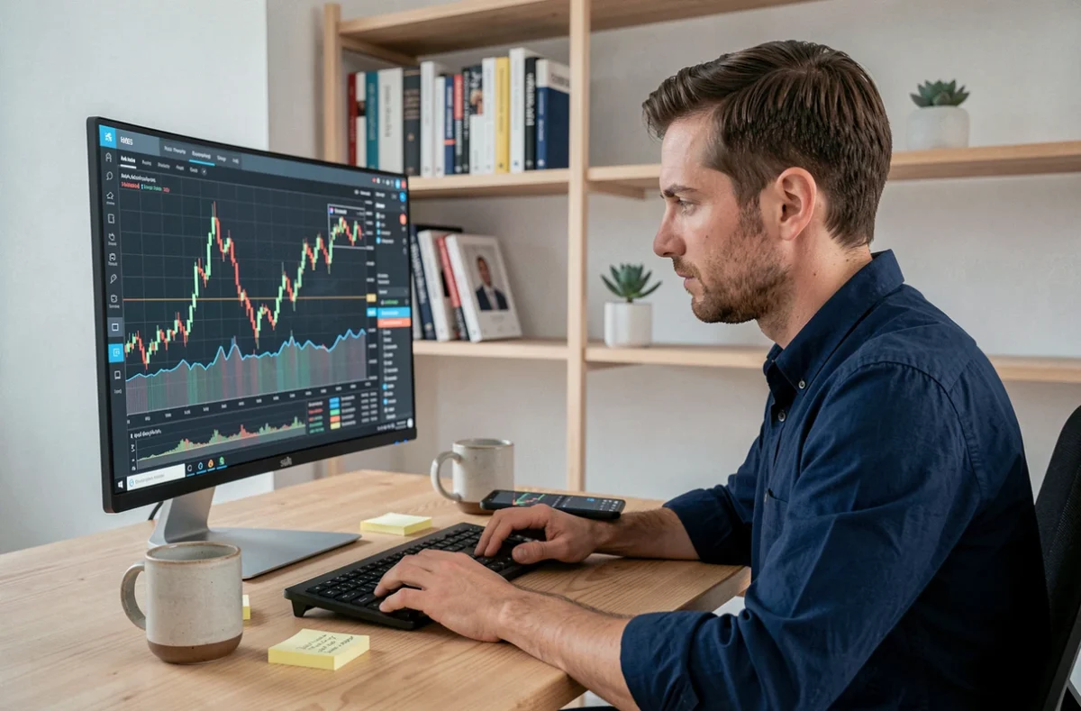 Homme analysant des graphiques de cryptomonnaies eToro sur un écran d'ordinateur dans un bureau minimaliste