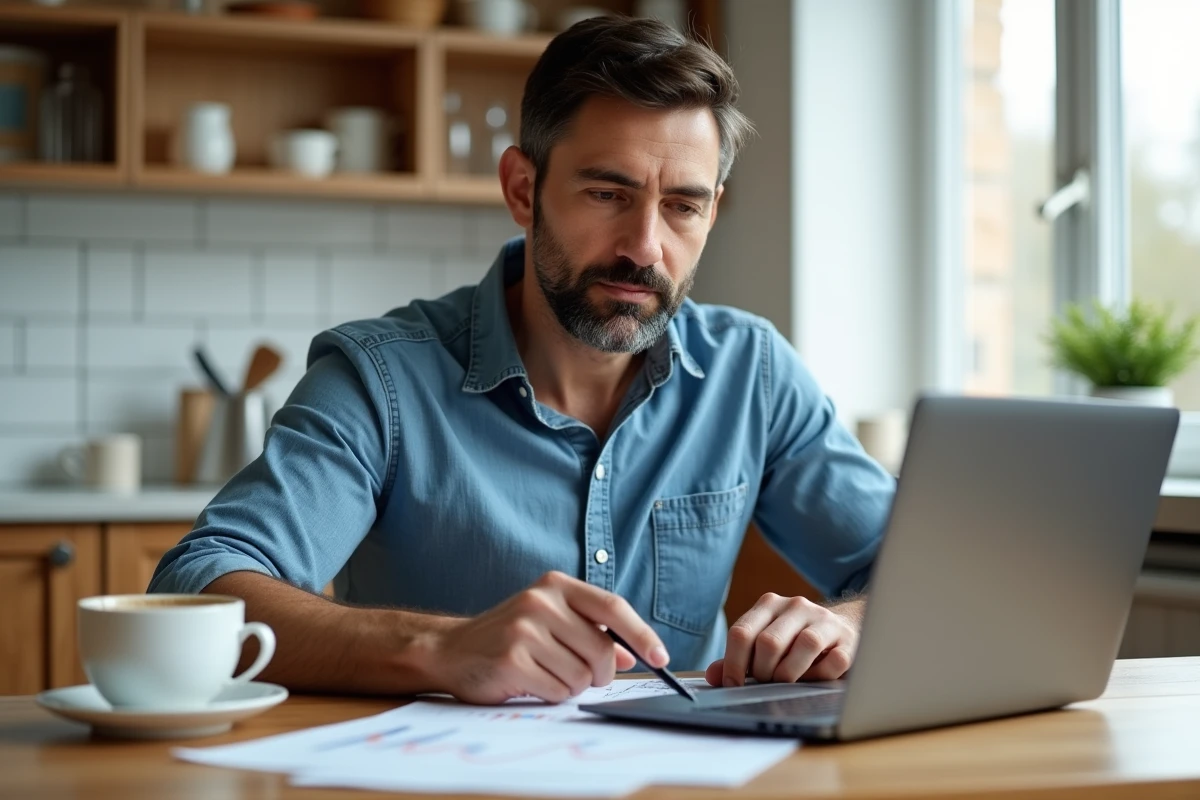 Homme analysant les frais de son contrat d'assurance vie sur ordinateur à domicile