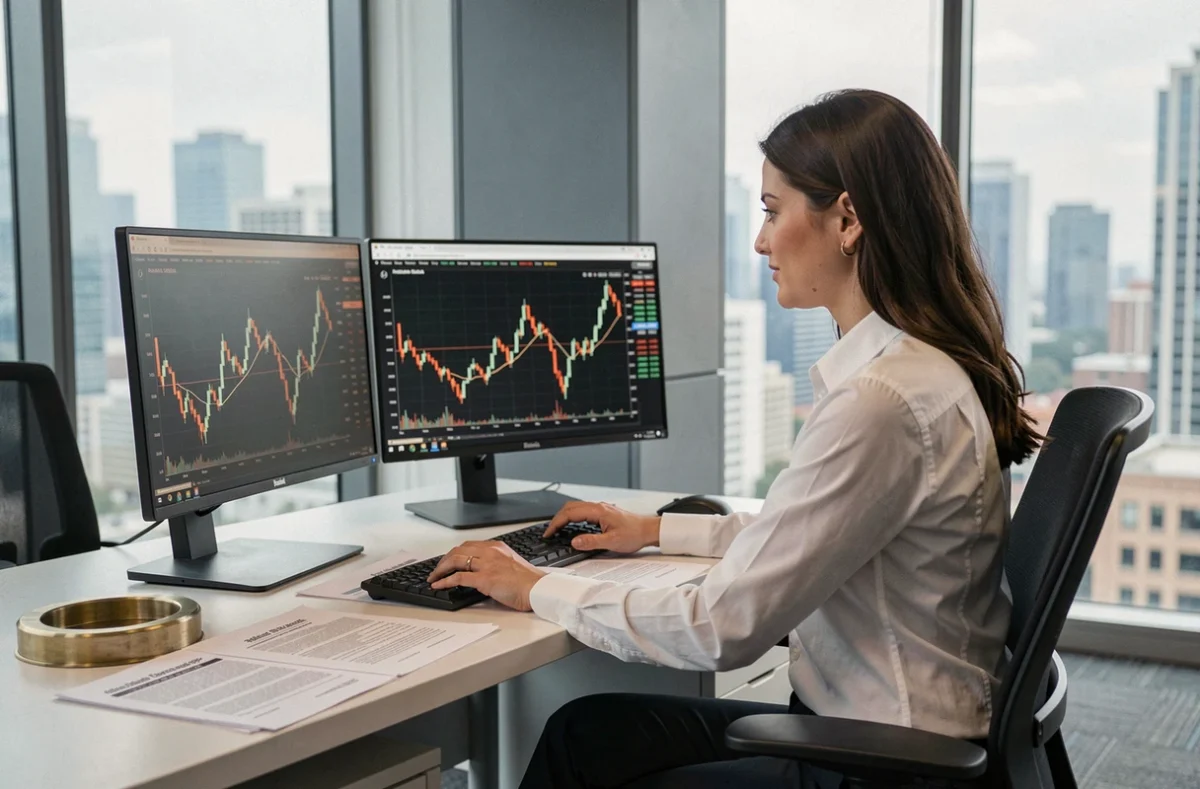 Analyste financière étudiant les cours du cuivre et du zinc sur des écrans de trading, avec un échantillon de laiton posé sur son bureau