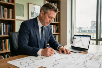 Analyste financier étudiant l'historique du CAC 40 sur 40 ans avec des graphiques boursiers imprimés dans un bureau parisien