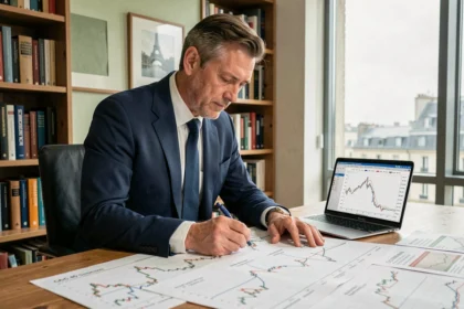Analyste financier étudiant l'historique du CAC 40 sur 40 ans avec des graphiques boursiers imprimés dans un bureau parisien