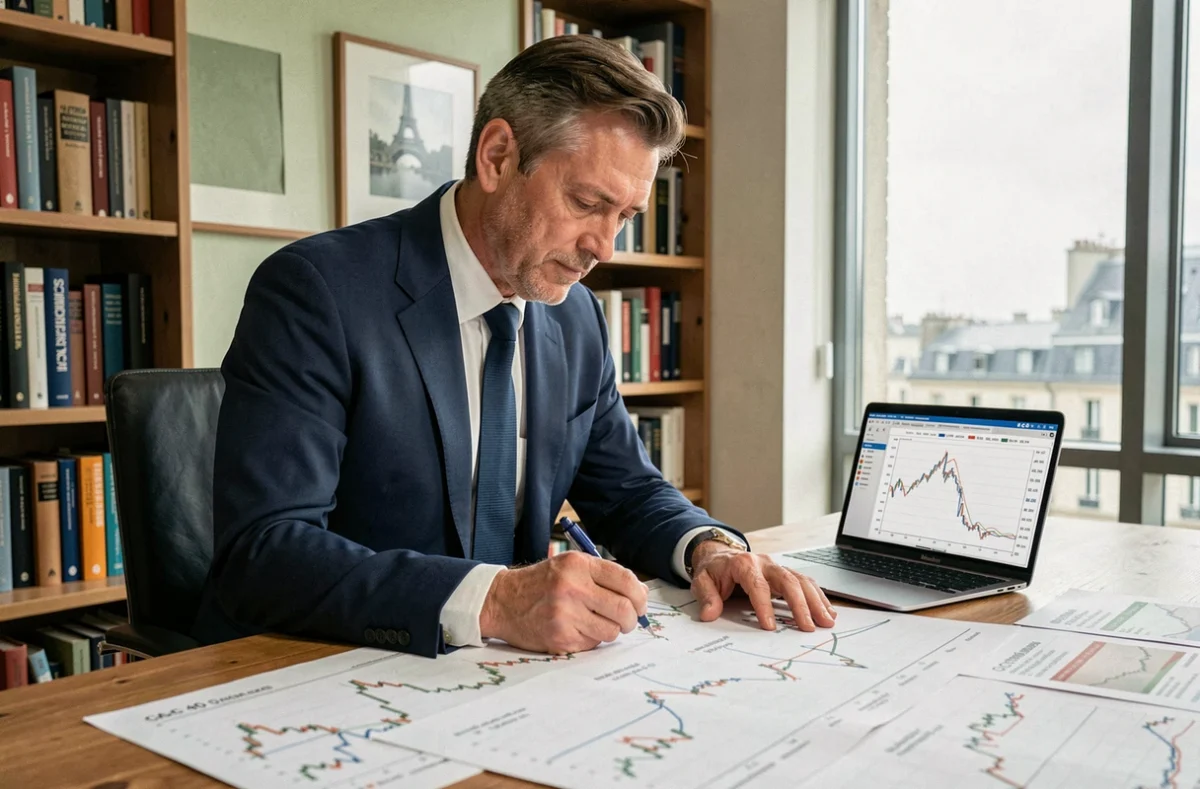 Analyste financier étudiant l'historique du CAC 40 sur 40 ans avec des graphiques boursiers imprimés dans un bureau parisien