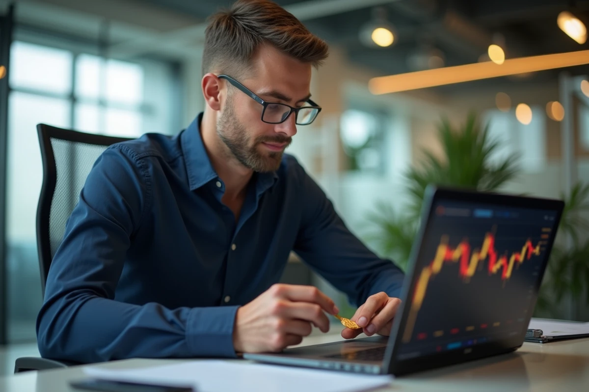 Analyste financier examinant une pièce d'or avec loupe devant un graphique de cours, anticipation du prix de l'or 2026