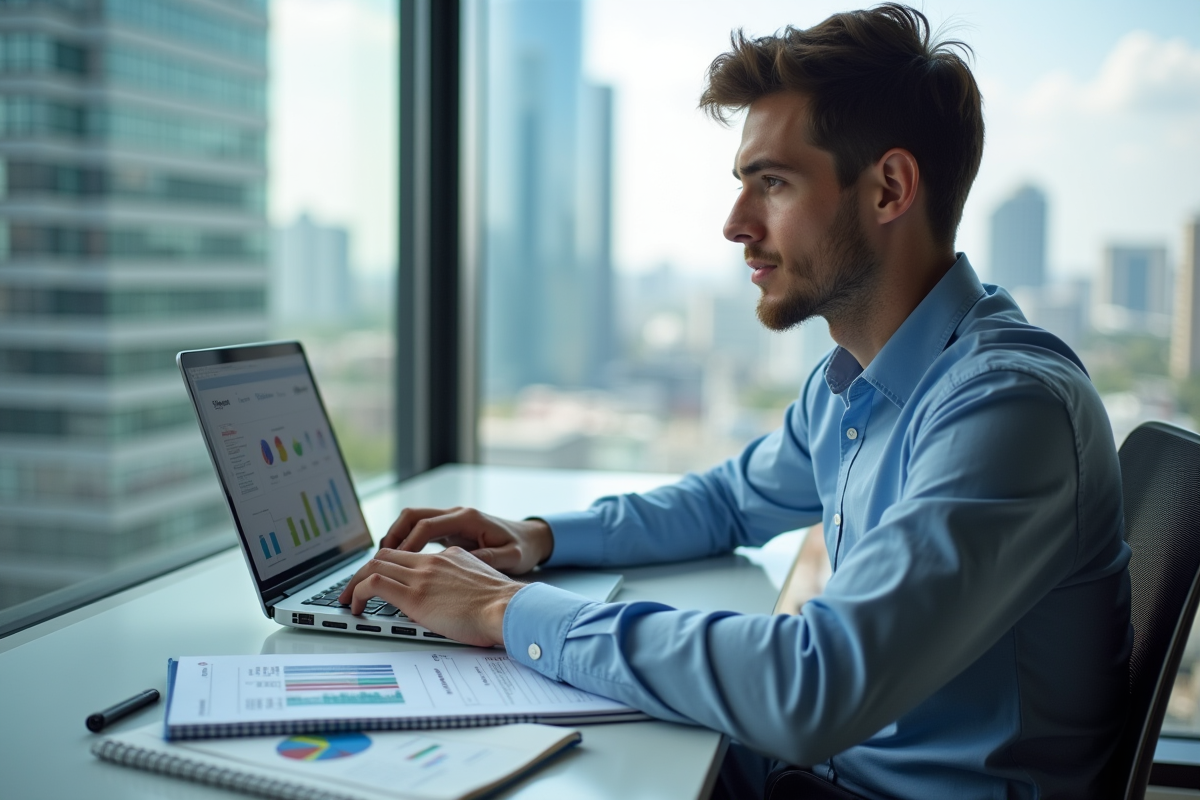 Jeune analyste marketing travaillant sur une matrice BCG à son bureau