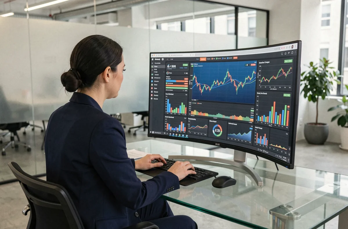 Femme analyste financière interagissant avec un tableau de bord financier personnalisé sur grand écran dans un bureau moderne