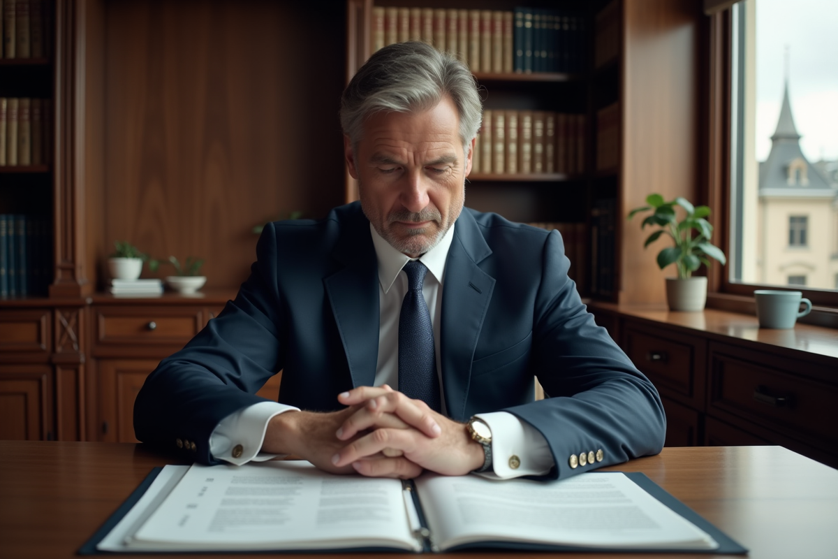 Avocat en costume bleu examinant des documents importants