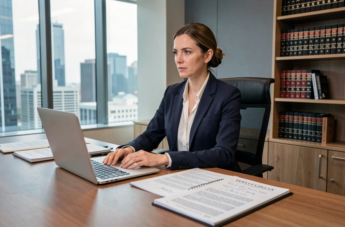Avocate étudiant des documents juridiques sur le calcul d'une amende dans un bureau de cabinet d'avocat moderne