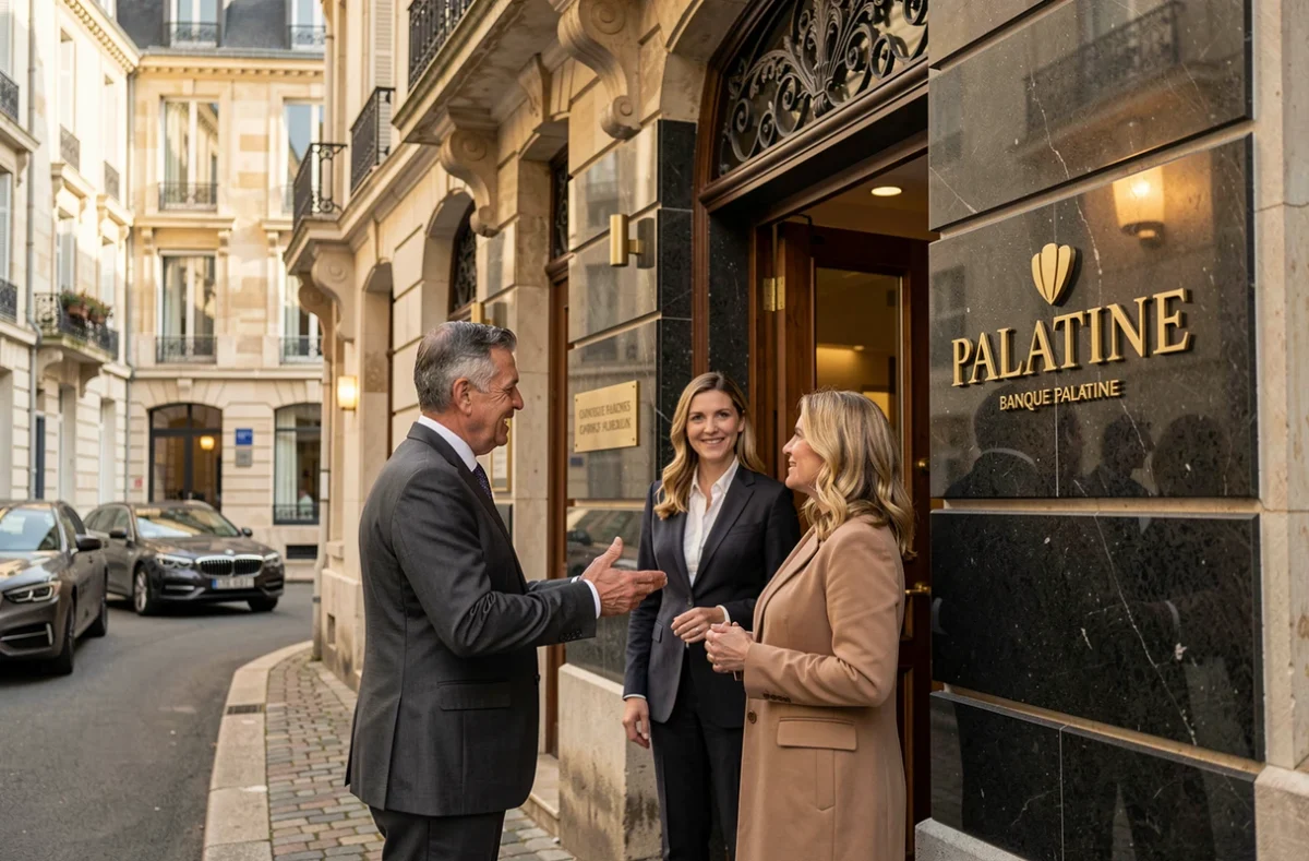 Façade élégante de la Banque Palatine à Dijon avec un conseiller en gestion de patrimoine accueillant des clients fortunés