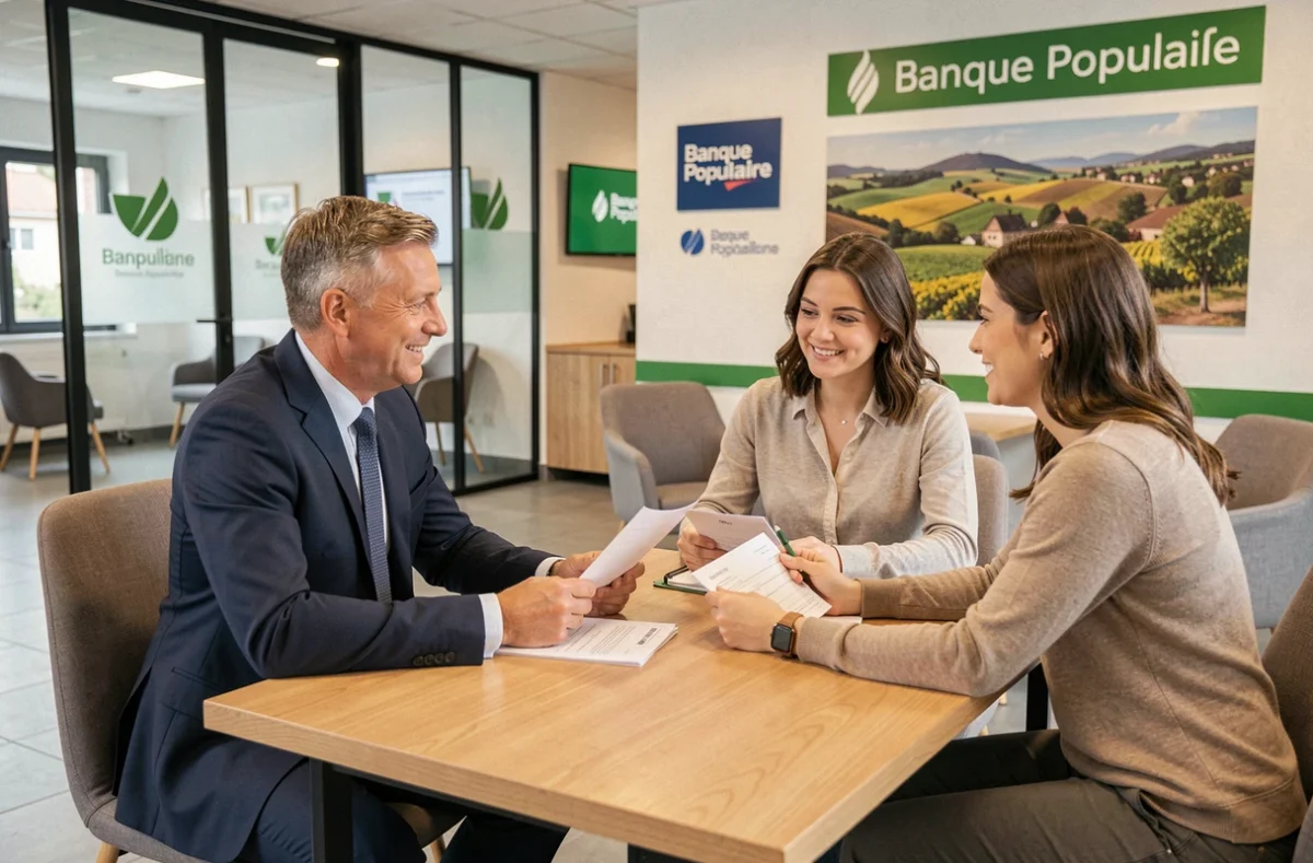 Conseiller de la Banque Populaire Bourgogne Franche-Comté en réunion avec des clients dans une agence moderne