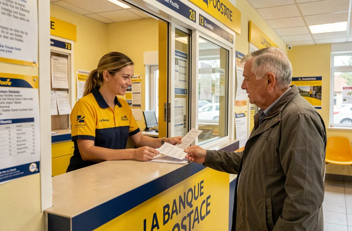 Conseillère de La Banque Postale au guichet d'un bureau de poste en Bourgogne-Franche-Comté aidant un client senior