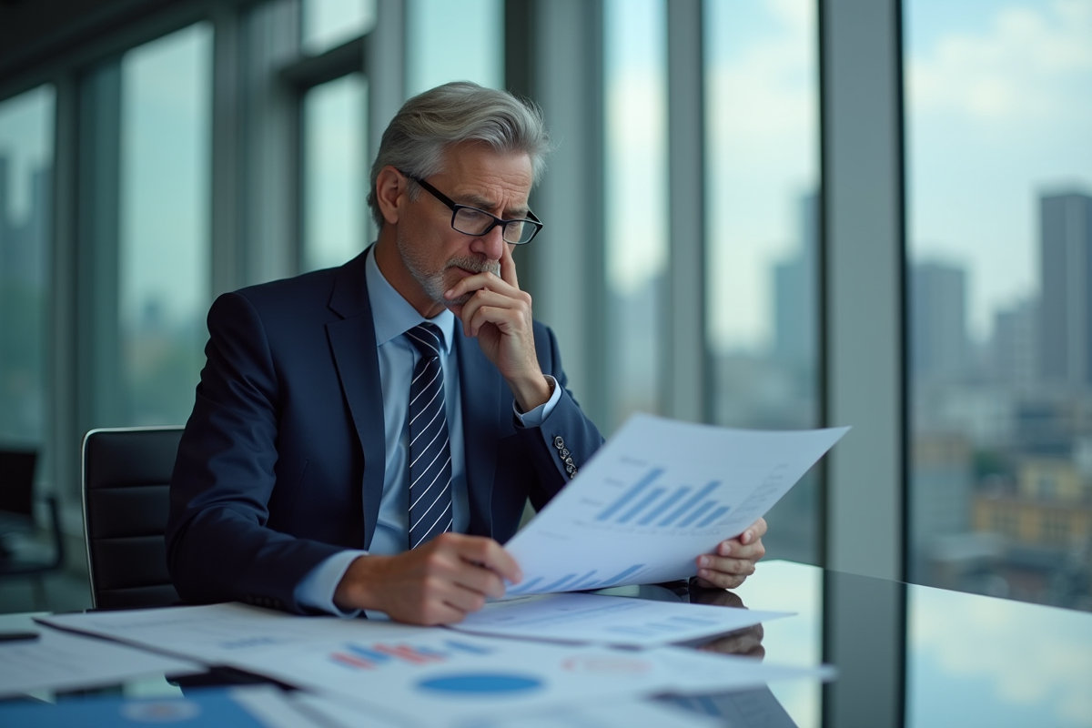 Banquier en costume dans un bureau moderne avec graphiques