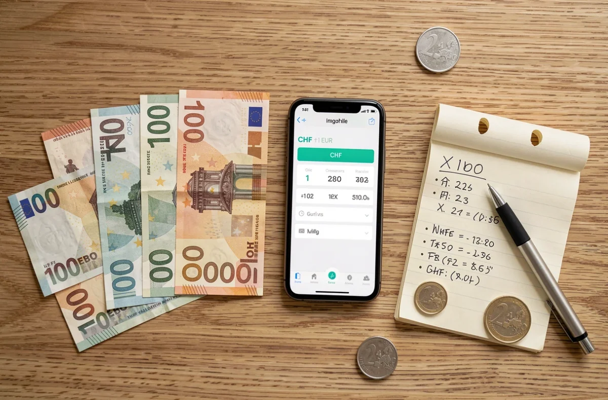 Vue du dessus de billets de francs suisses et d'euros avec une application de conversion sur smartphone