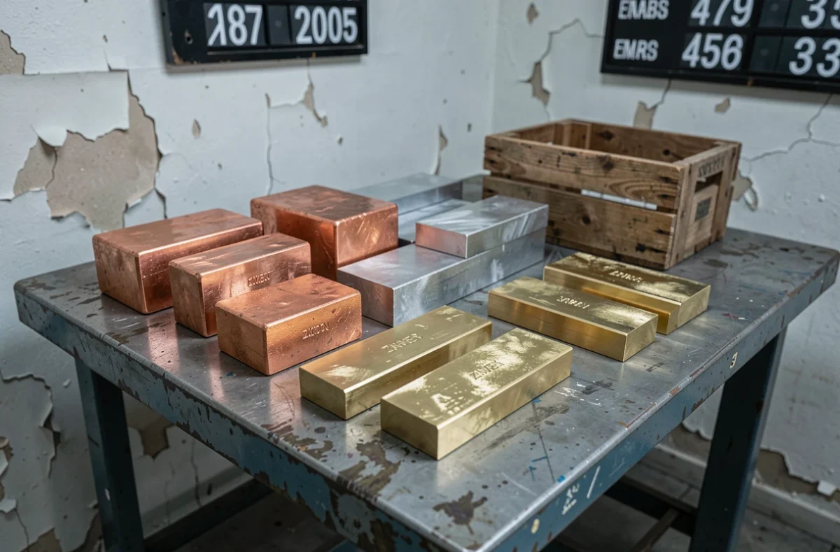 Gros plan sur des billettes de laiton, cathodes de cuivre et dalles de zinc sur un établi industriel, représentant les matières premières du laiton en 2026