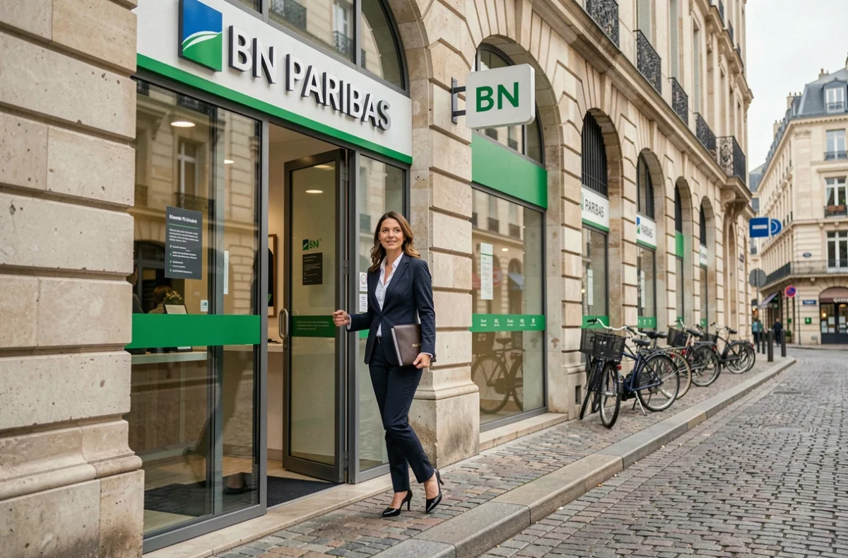 Façade de l'agence BNP Paribas à Dijon intégrée dans un immeuble en pierre de Bourgogne avec une professionnelle sortant de l'agence