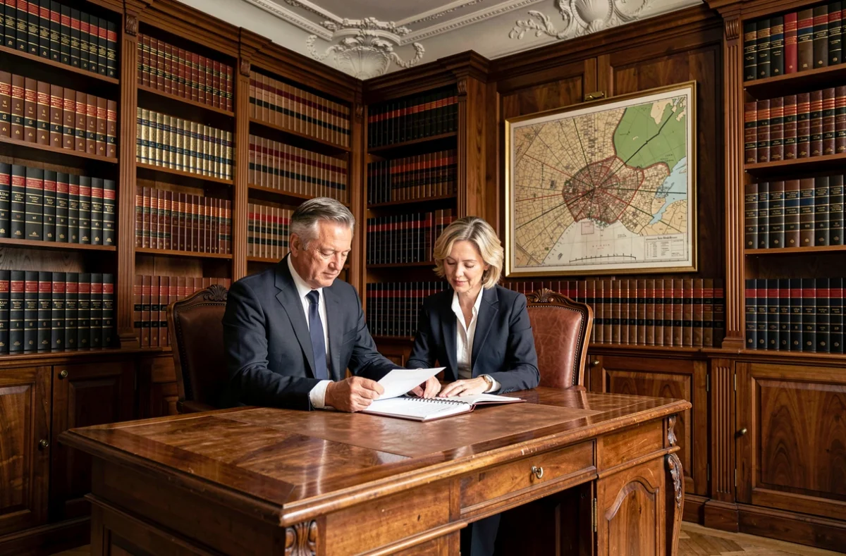 Deux notaires de la famille Bories examinant un document juridique dans un cabinet notarial parisien traditionnel aux bibliothèques en bois sombre