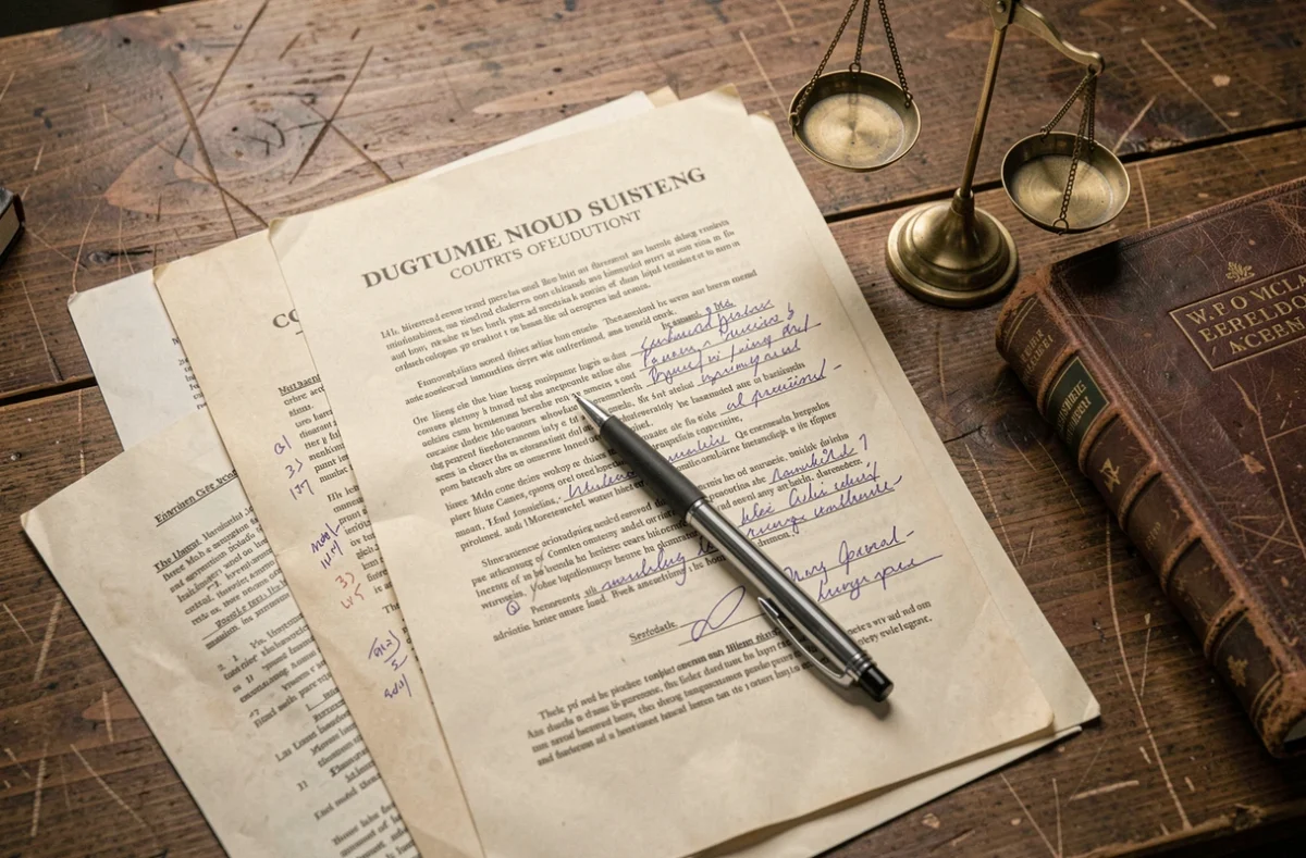 Vue de dessus d'un bureau juridique avec jugement annoté, balance de la justice et code pénal pour illustrer le calcul d'une amende
