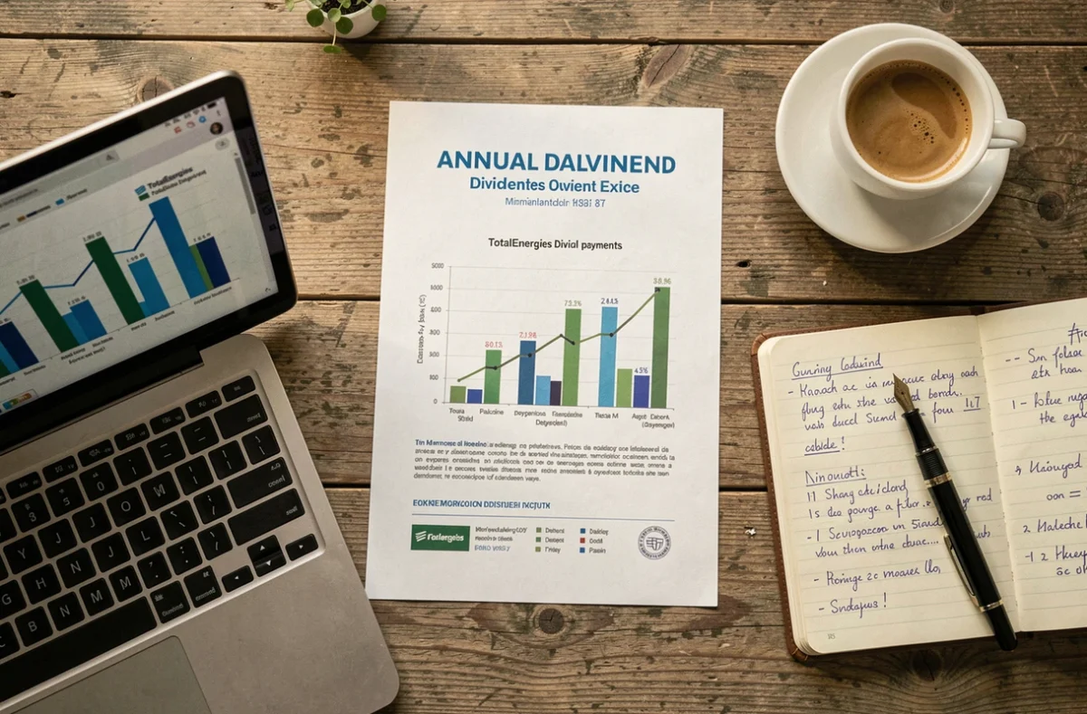 Vue aérienne d'un bureau avec rapport de dividendes TotalEnergies, graphiques financiers et notes d'investisseur
