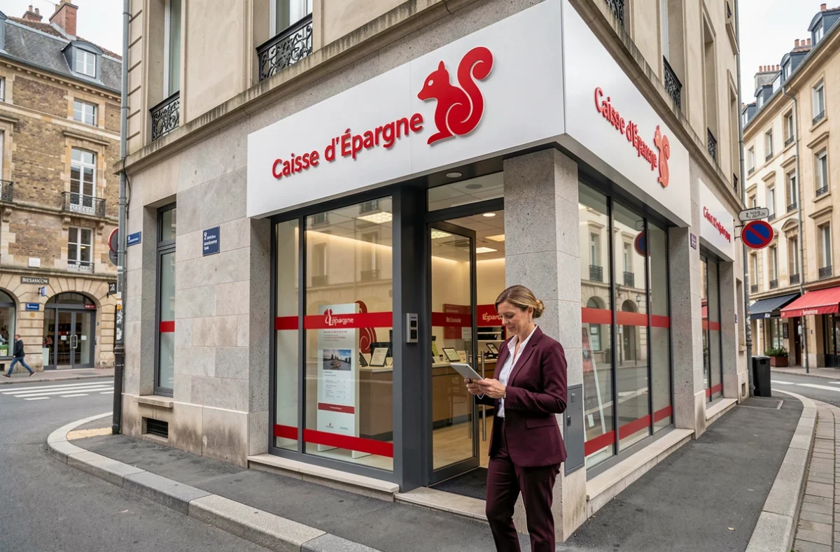 Façade de l'agence Caisse d'Épargne de Bourgogne Franche-Comté à Besançon avec une conseillère professionnelle