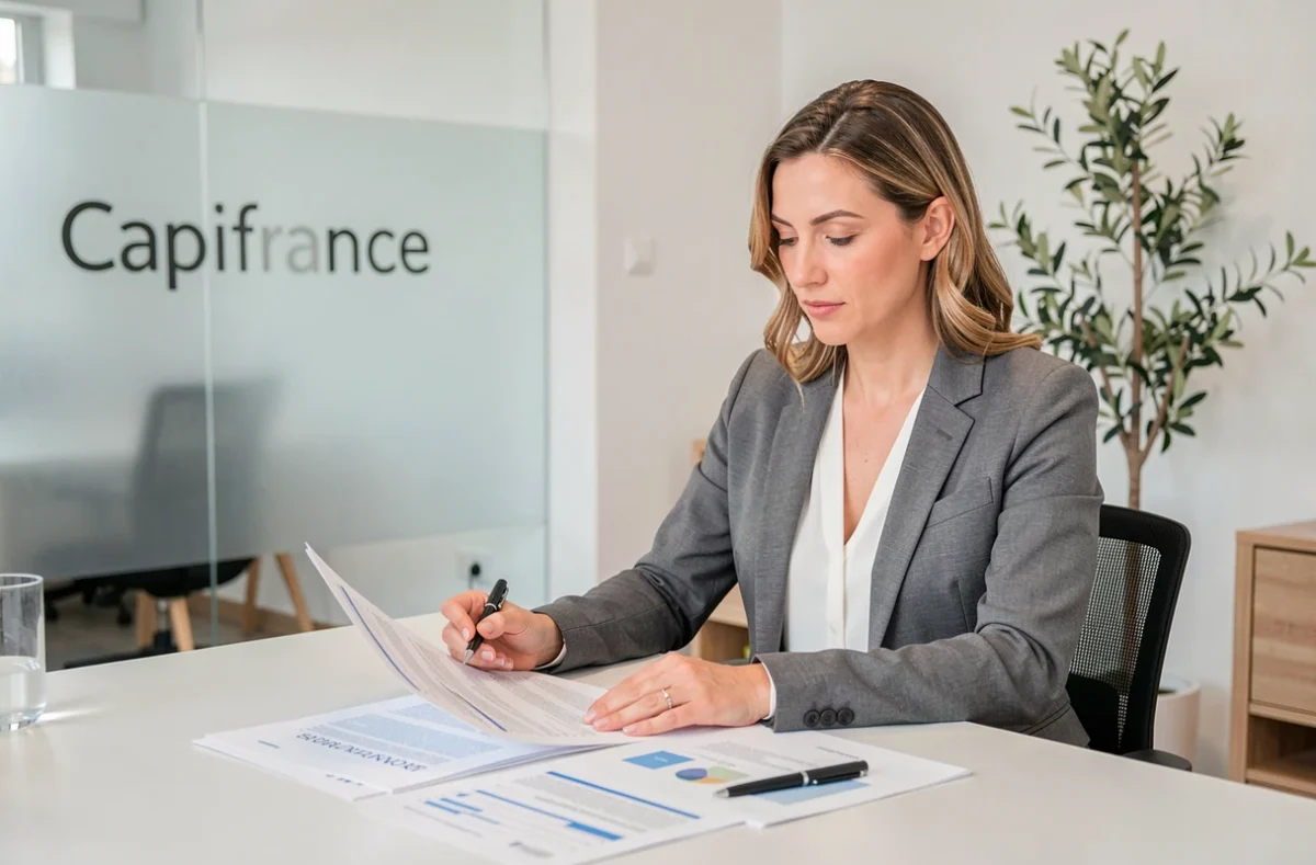Conseillère Capifrance Gard assise à son bureau dans une agence moderne, examinant des documents d'investissement locatif