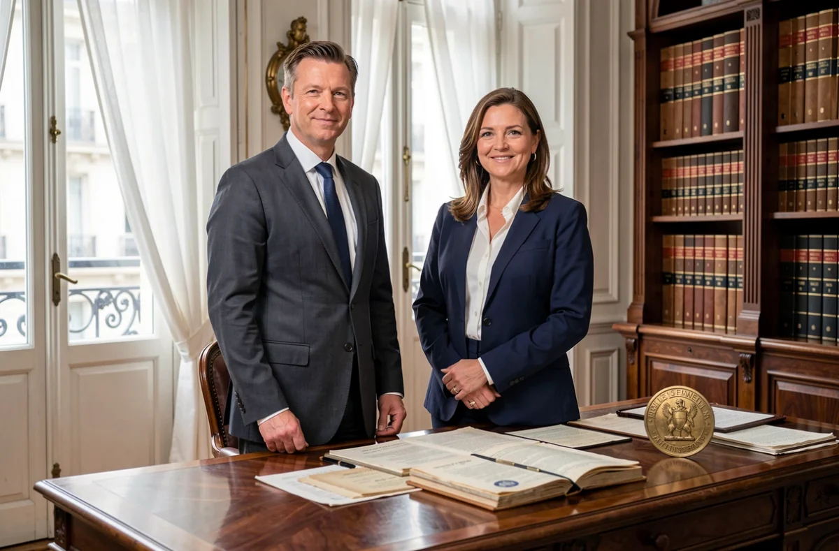 Deux notaires associés Chassaint et Cerclé debout dans un bureau notarial parisien de style classique avec boiseries et actes officiels