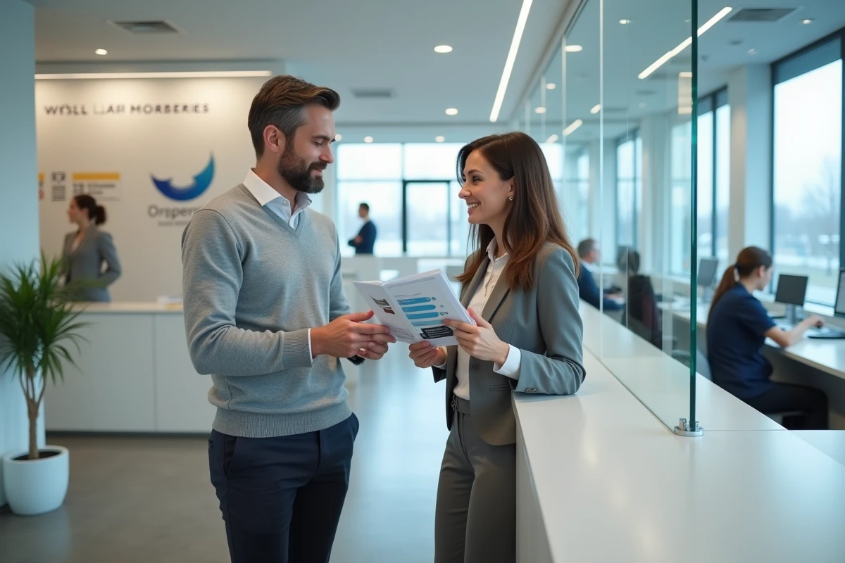 Client discutant des frais de son assurance vie avec un conseiller en agence bancaire