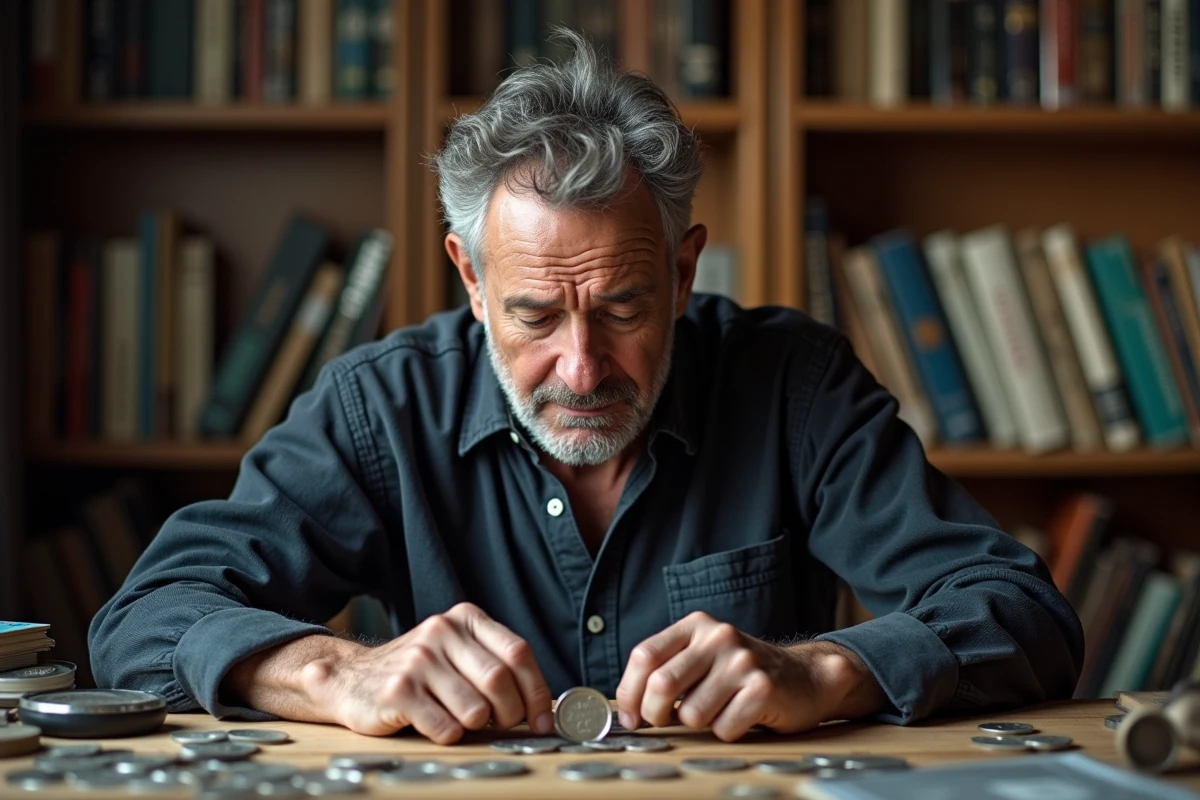 Collectionneur de pièces de monnaie examinant une pièce de 2 euros à la loupe dans son bureau numismatique