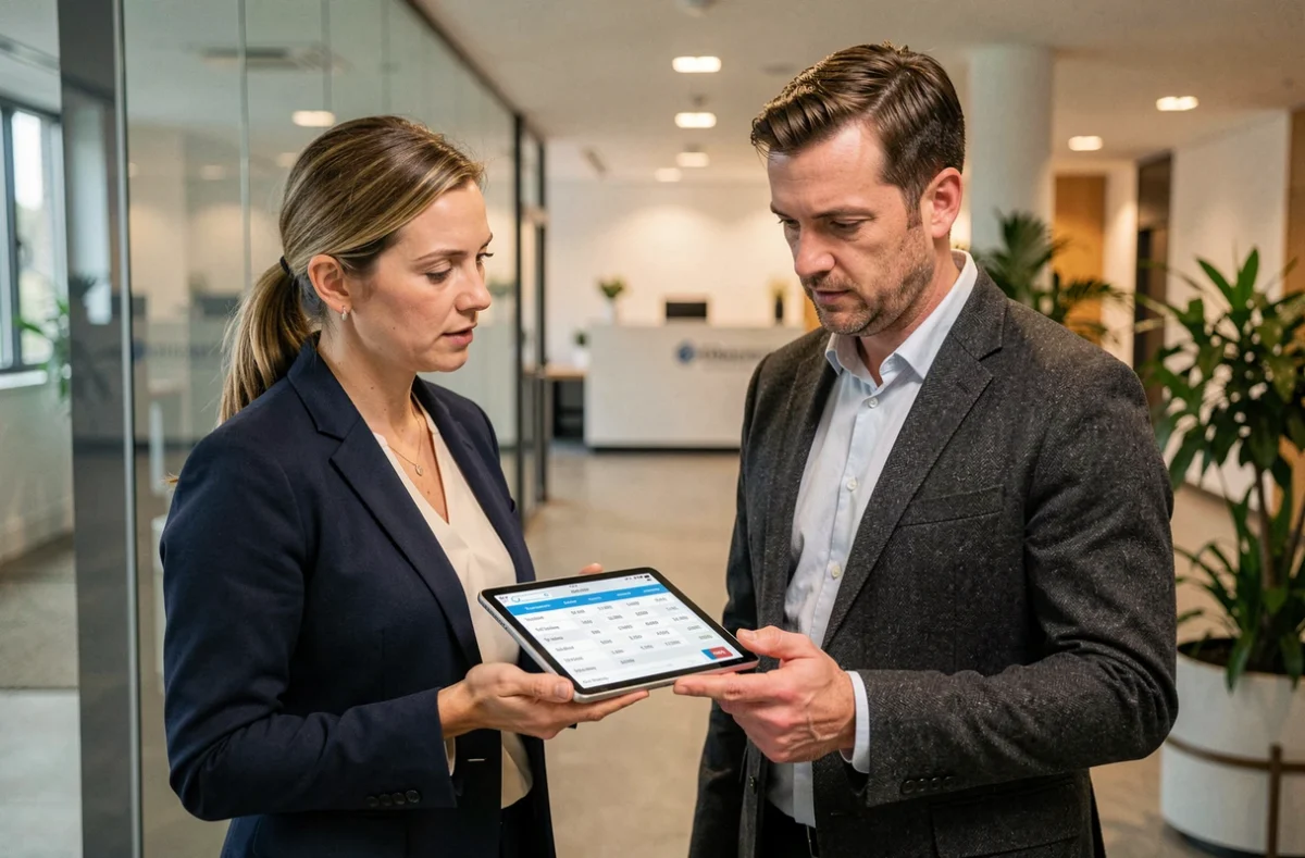 Deux collègues en entreprise consultant une grille salariale sur tablette, illustrant les discussions autour du SMIC et des salaires brut net en début de carrière