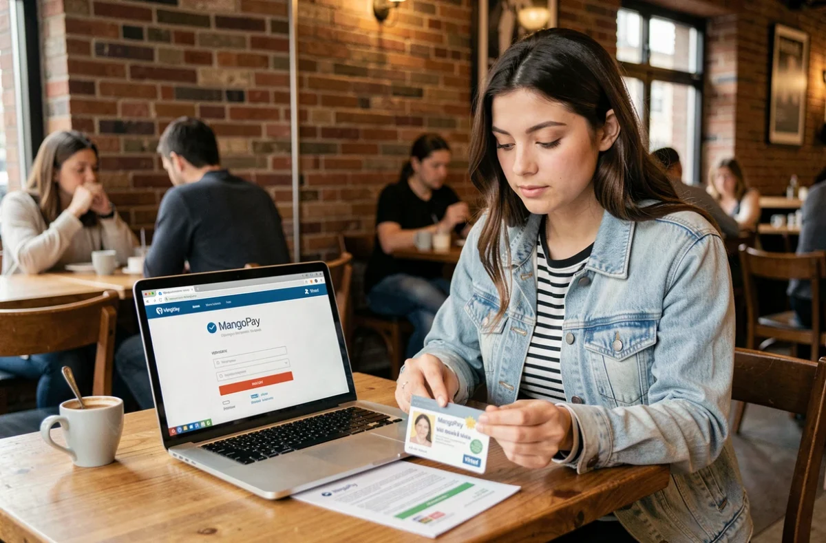 Jeune femme effectuant la vérification de son compte MangoPay Vinted dans un café avec sa carte d'identité