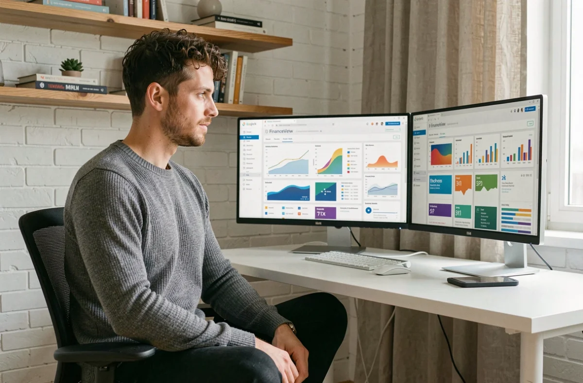 Jeune professionnel configurant des tableaux de bord financiers sur double écran dans un bureau à domicile minimaliste