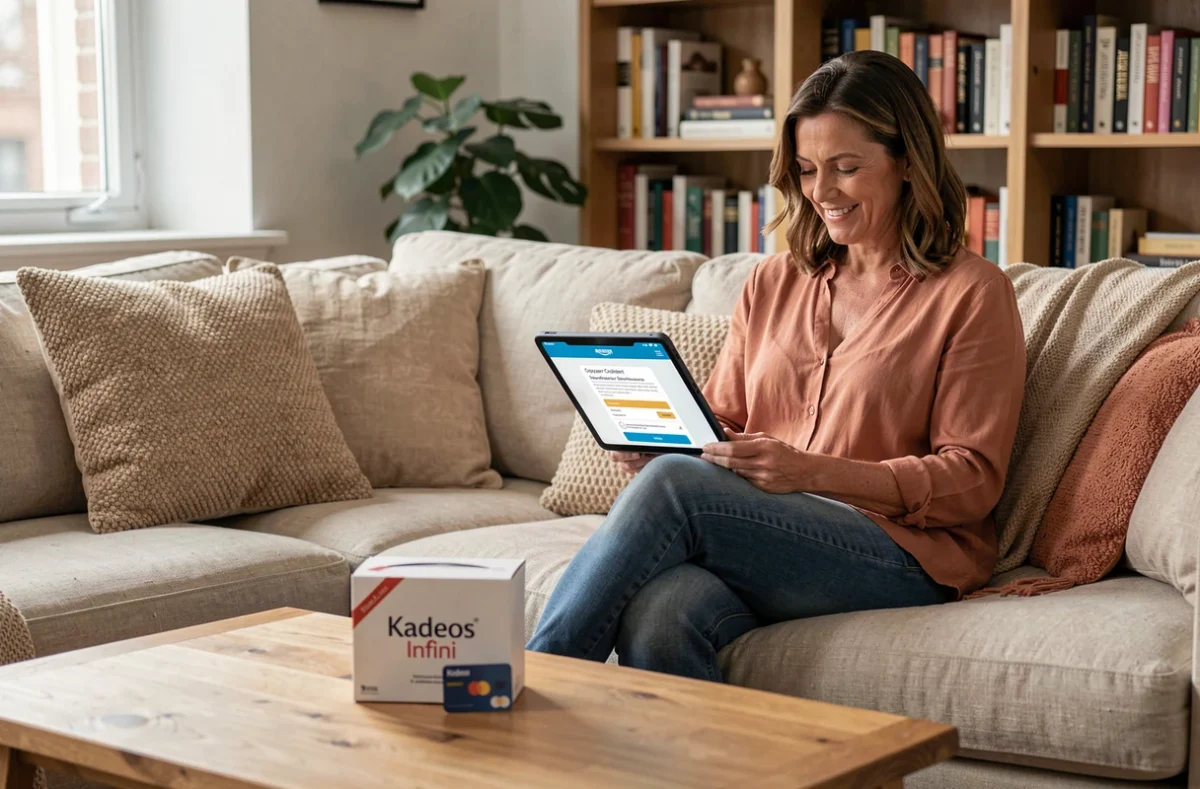 Femme vérifiant la confirmation de commande Amazon après paiement avec une carte cadeau Kadeos Infini dans son salon