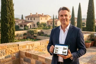 Conseiller en investissement locatif devant un paysage architectural typique du Gard avec toits en tuiles et végétation méditerranéenne