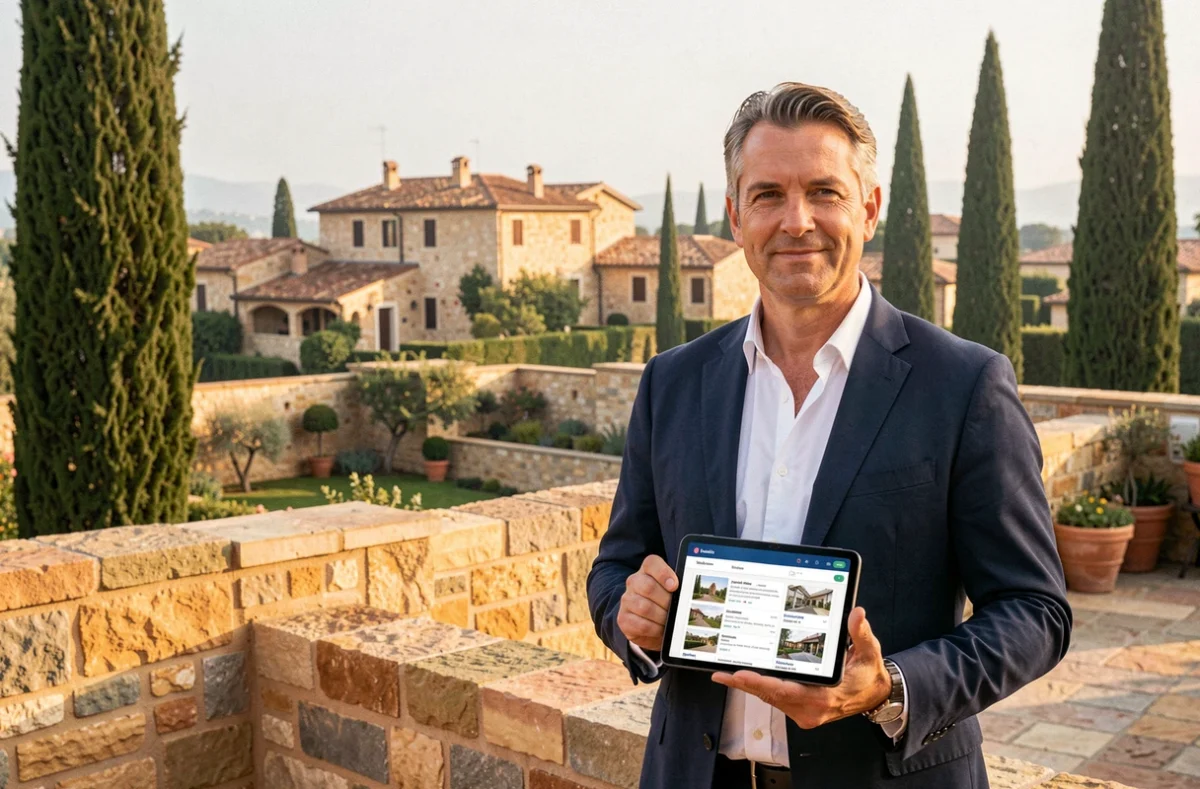 Conseiller en investissement locatif devant un paysage architectural typique du Gard avec toits en tuiles et végétation méditerranéenne