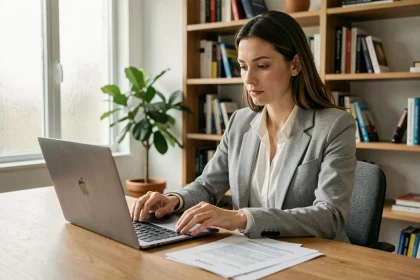 Femme consultant son historique de téléphonie sur un ordinateur portable pour nettoyer son fichier Préventel en 2026