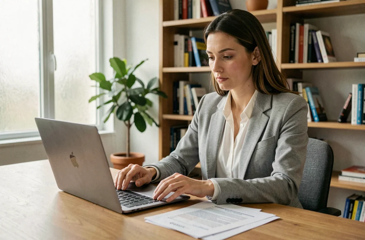 Femme consultant son historique de téléphonie sur un ordinateur portable pour nettoyer son fichier Préventel en 2026