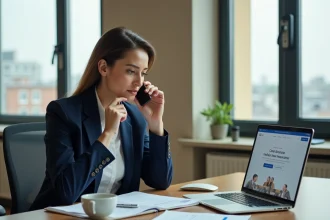 Femme professionnelle en veste bleue contactant une assurance turque depuis un bureau européen par téléphone