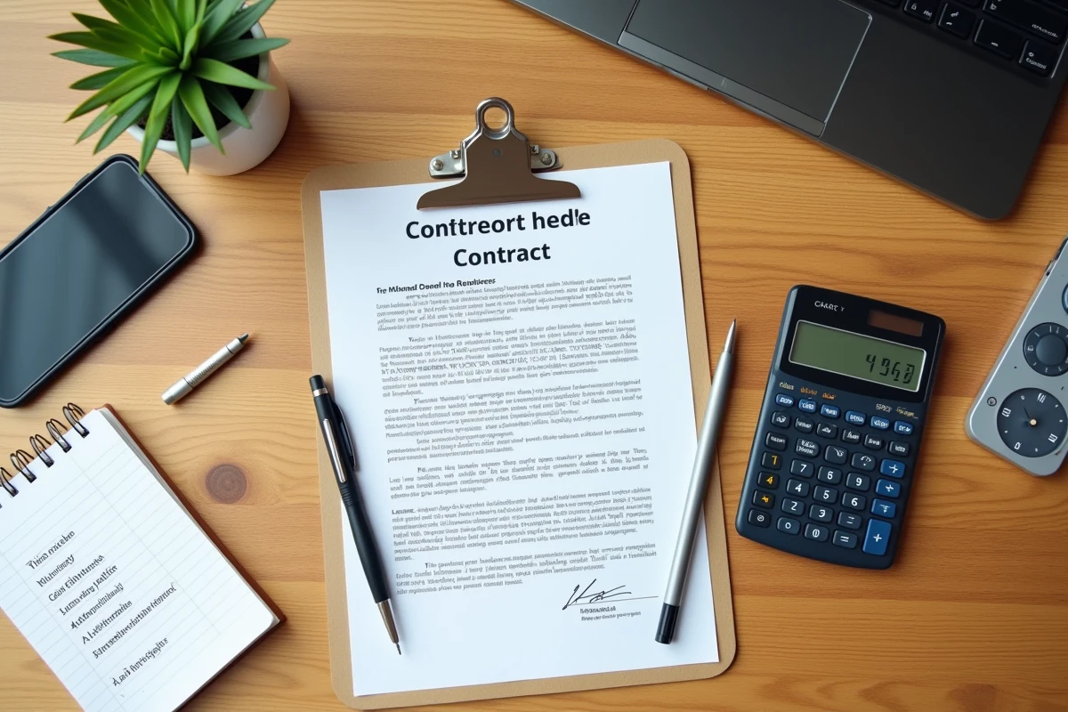 Vue de dessus d'un contrat de prêt trésorerie négocié avec calculatrice et notes sur un bureau en bois