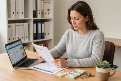 Femme consultant un tableau de conversion de francs suisses en euros à son bureau avec des billets et des pièces