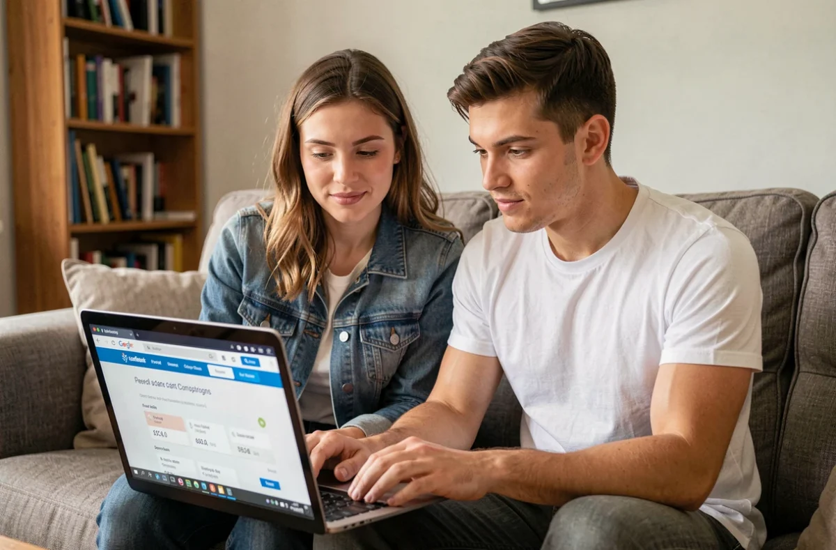 Couple fiché au FICP comparant des organismes de crédit en ligne pour trouver un prêt malgré leur situation