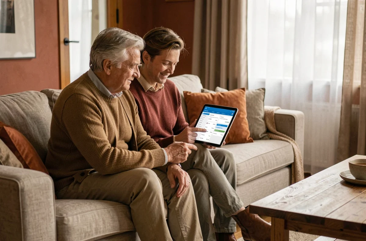 Couple examinant ensemble leurs relevés et opérations bancaires en ligne sur tablette dans leur salon