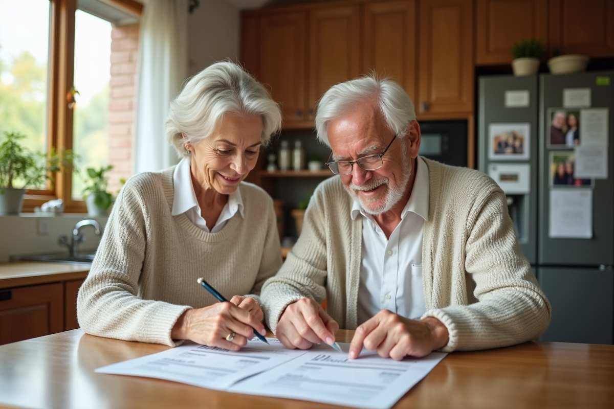 Couple mature en train de revoir des papiers dans une cuisine lumineuse