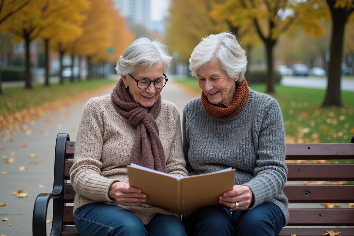 Couple retraité discutant de documents dans un parc