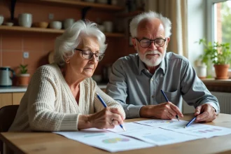 Couple de retraités consultant le calendrier de paiement de leur retraite complémentaire Agirc-Arrco à la maison