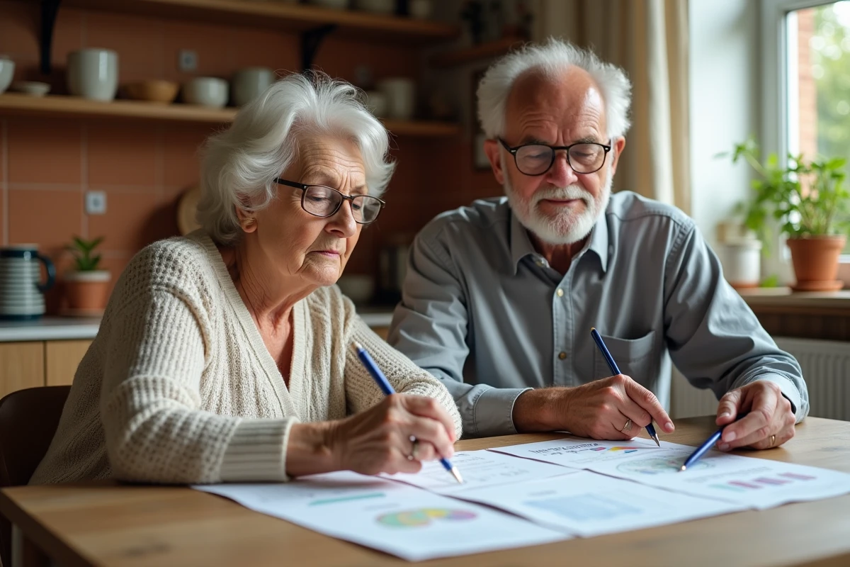 Couple de retraités consultant le calendrier de paiement de leur retraite complémentaire Agirc-Arrco à la maison