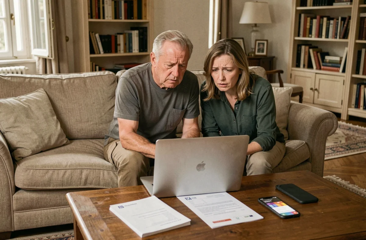 Couple de seniors examinant ensemble un RIB et un ordinateur portable pour vérifier une fraude bancaire potentielle