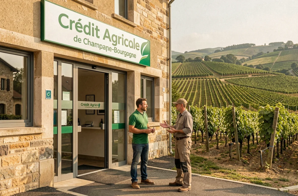 Agence Crédit Agricole de Champagne-Bourgogne en bordure de vignoble avec un conseiller accueillant un viticulteur